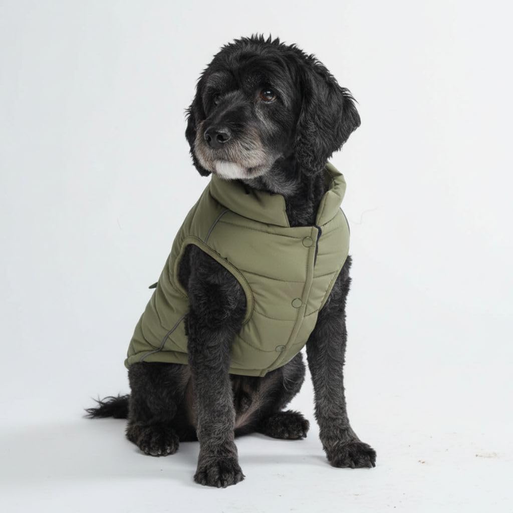 Dog Winter Jacket, Water-Resistant Coat, Warm Reflective Windproof Fleece-Interior, for Medium and Large Dogs - Olive - L