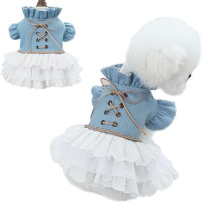 Girl Dog Denim Dress with Flared Sleeves Dog Jeans Jacket Blue White Puppy Clothes for Small Dogs Cat Apparel Cake Skirt Pet Outfit (Blue, Large)