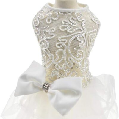 Hollow Dog Wedding Dress Tutu Skirt Luxury Lace Pearl Bow Christmas Dress Costume for Small Dog Pet Apparel (M, White)