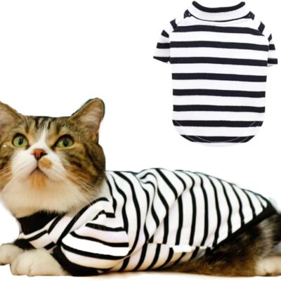 Striped Puppy Dog T-Shirt Black White Long Sleeves Striped Cat Apparel Summer Pet Clothes Stretchy Tank Vest for Small Dogs Cats (A, Small)
