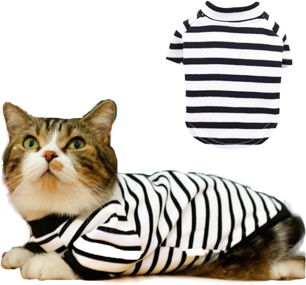Striped Puppy Dog T-Shirt Black White Long Sleeves Striped Cat Apparel Summer Pet Clothes Stretchy Tank Vest for Small Dogs Cats (A, Small)
