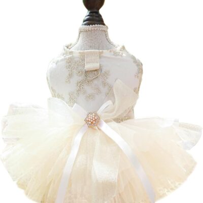 Embroidered Dog Dress for Small Dog,Girl Puppy Princess Tutu Dress with Leash Ring,Cat Apparel,Chihuahua Yorkie Clothes for Birthday Wedding (Medium, Champagne)