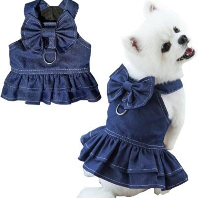 Denim Dog Dresses for Small Dogs Puppy Girl Clothes with Leash Ring and Cute Bow Knot Summer Cat Apparel with D-Ring Blue Girl Dog Clothes (Dark Blue,Medium)