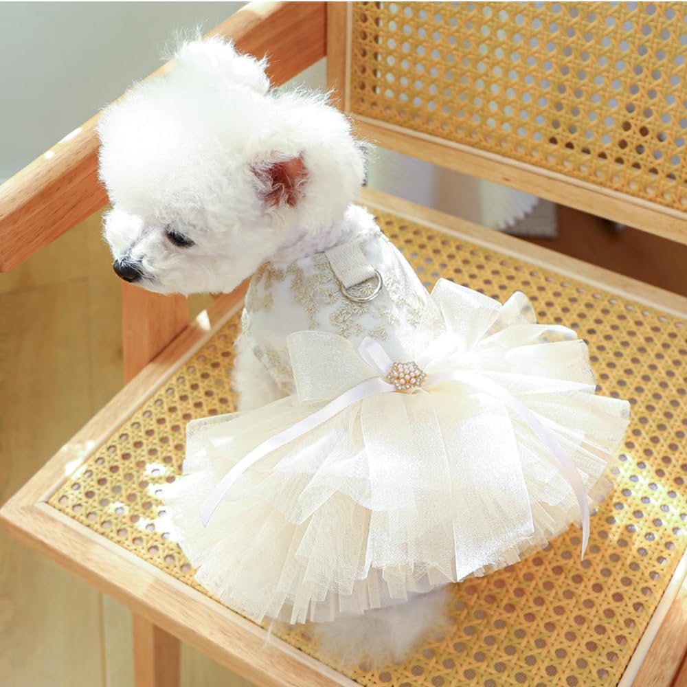 Fancy Dog Dresses with Leash Ring, Embroidered Dog Wedding Dress, Bow Puppy Clothes for Small pet Girl Multi-Layer Lace Tutu Cat Outfit for Kitten Chihuahua Yorkie, Small - Image 2