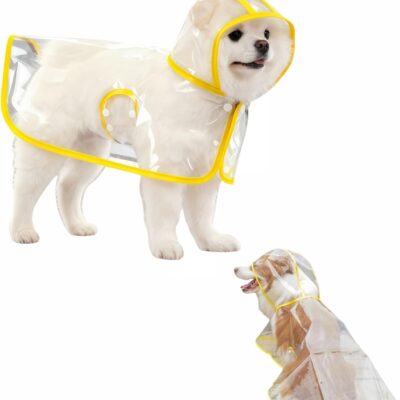 Clear Dog Raincoat, Transparent PVC Cape Style Pet Rain Jacket with Hidden Leash Hole, Adjustable Double Buckle for Small Dogs (Yellow, Medium)