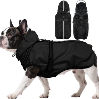 Dog Raincoat for Medium Dogs, Dog Rain Jacket with Adjustable Built-in Harness & Back Zipper, Reflective Strip, Removable Hood, for Rainy Walks, Muddy Roads or After-Bath Outings - Black M