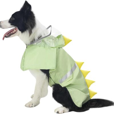 Dog Raincoat, Waterproof Reflective Adjustable Hooded Dog Rain Coat with Leash Hole, Lightweight Breathable Pet Poncho for Dogs (Green Dinosaur, Small(9-13lb))