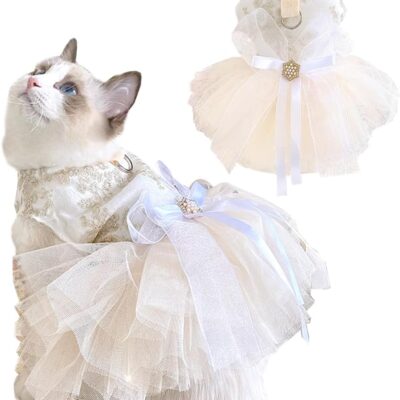 Fancy Dog Dresses with Leash Ring, Embroidered Dog Wedding Dress, Bow Puppy Clothes for Small pet Girl Multi-Layer Lace Tutu Cat Outfit for Kitten Chihuahua Yorkie, Small