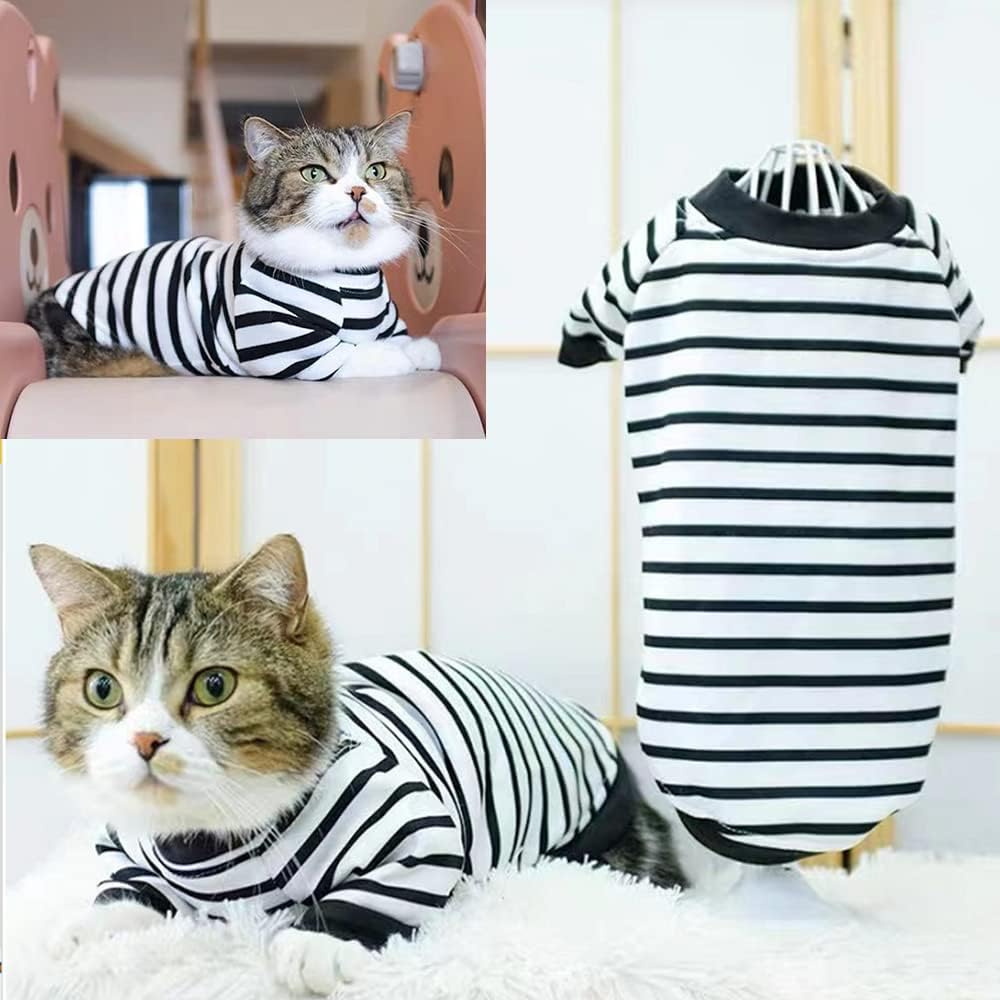 Striped Puppy Dog T-Shirt Black White Long Sleeves Striped Cat Apparel Summer Pet Clothes Stretchy Tank Vest for Small Dogs Cats (A, Small) - Image 2