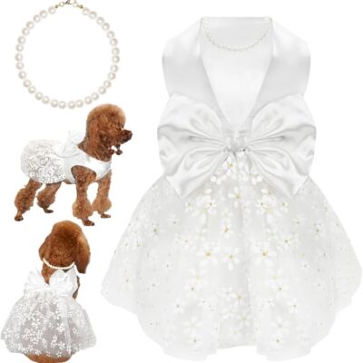 Dog Dresses, Dog Birthday Dress, Puppy Soft Skirt with Pearl Necklace, Girl Dogs Wedding Dress, Puppy Slik Outfit with Bow Tie, Dogs Princess Dresses for Small Breeds, White L
