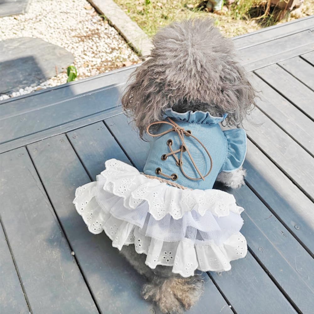 Girl Dog Denim Dress with Flared Sleeves Dog Jeans Jacket Blue White Puppy Clothes for Small Dogs Cat Apparel Cake Skirt Pet Outfit (Blue, Large) - Image 2