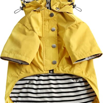 Dog Zip Up Raincoat with Reflective Buttons, Rain/Water Resistant, Adjustable Drawstring, Removable Hood, Raincoats with Legs 8lbs to 80lbs Available - Yellow - S