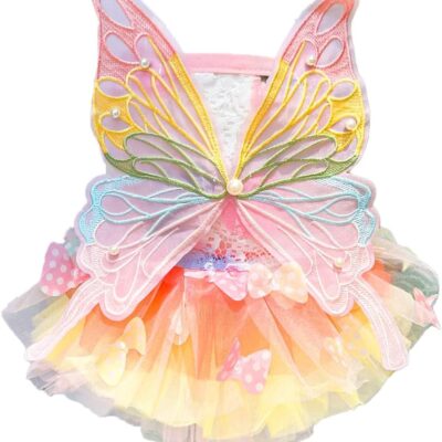 Dog Princess Dress,Summer Thin Cat Rainbow Butterfly Pettiskirt Cute Pet Clothes Chihuahua Teddy Dress Pet Supplies (S)