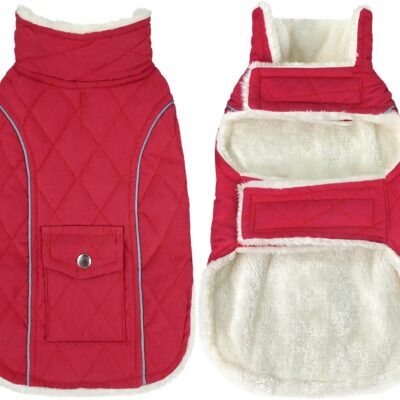 Dog Winter Coat, Windproof Dog Cold Weather Coats with Real Pocket, Winter Extra Warm Pet Coat Fleece Jacket Reflective Clothes for Small Medium Large Dogs and Puppy (Red, Medium)