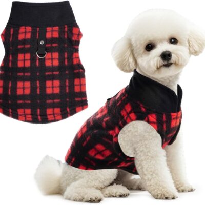 1 PC Plaid Dog Sweaters with Leash Ring Soft Fleece Vest Dogs Pullover Warm Jacket Pet Dogs Clothes Winter Dog Outfits for Small Puppy Cat Pets (Black and Red, Large)