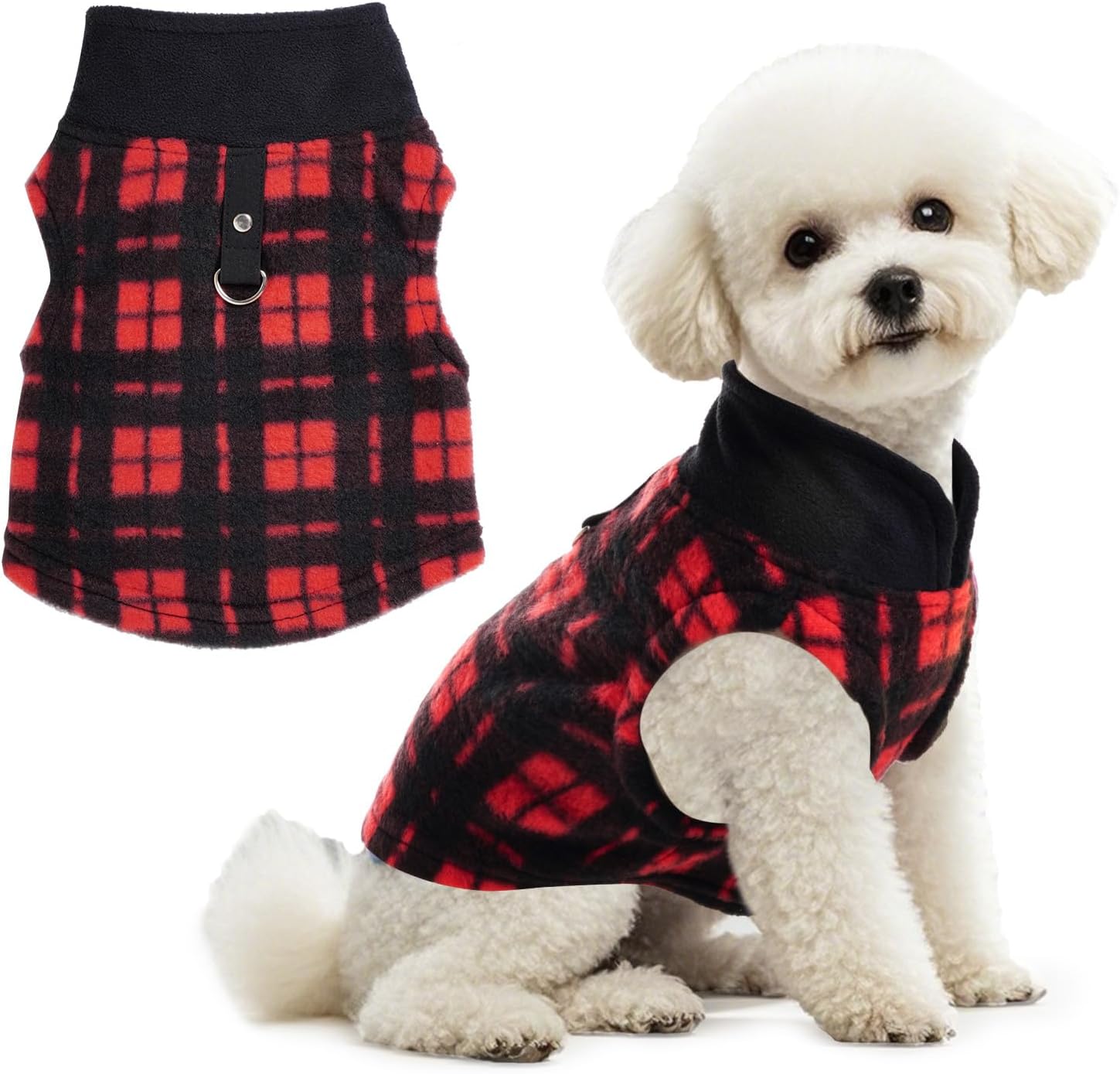 1 PC Plaid Dog Sweaters with Leash Ring Soft Fleece Vest Dogs Pullover Warm Jacket Pet Dogs Clothes Winter Dog Outfits for Small Puppy Cat Pets (Black and Red, Large)