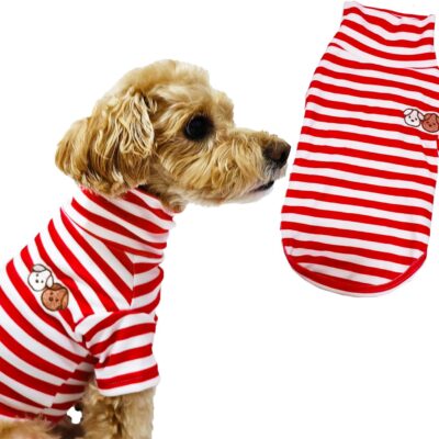 Turtleneck Dog Shirt Cute Doggie Embroidery Super Soft Dog Sweatshirt Stretchy Striped Puppy Pullover for Cats Small Medium Large Dogs (Red Striped, X-Small)