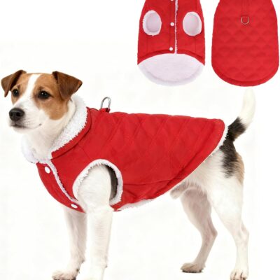 Dog Winter Coat, Warm Fleece Pet Jacket with Harness Built in, Water Resistant Windproof Collar Dog Puffer Vest, Doggy Snowsuits for Small Medium Dogs Cold Weather Apparel Outdoor, Red S