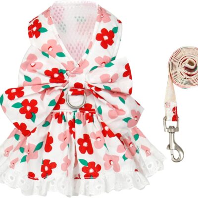 Dog Harness Dress Leash Set for Small Dog Summer Clothes Girl Female Puppy Cats Outfits Cute Floral Bowknot Princess Birthday Dress for Extra Small Pet Doggie Kitten Outfits Apparel(Red,S)