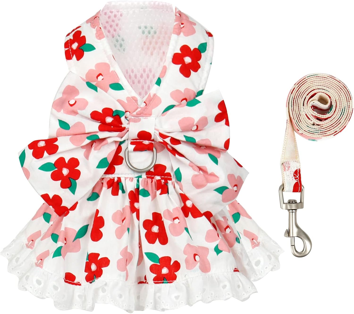 Dog Harness Dress Leash Set for Small Dog Summer Clothes Girl Female Puppy Cats Outfits Cute Floral Bowknot Princess Birthday Dress for Extra Small Pet Doggie Kitten Outfits Apparel(Red,S)