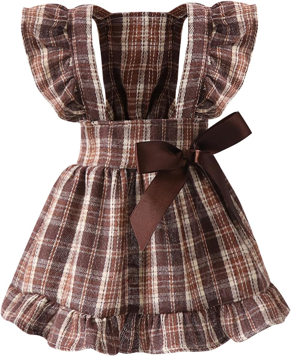 Small Dogs Cats Dresses for Pet Spring Ruffle Sleeve Bow Plaid Dress Cute Puppy Outfits Brown Large - Image 2