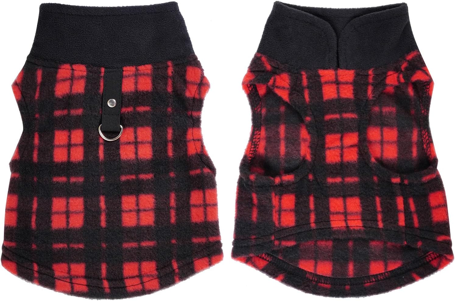 1 PC Plaid Dog Sweaters with Leash Ring Soft Fleece Vest Dogs Pullover Warm Jacket Pet Dogs Clothes Winter Dog Outfits for Small Puppy Cat Pets (Black and Red, Large) - Image 2