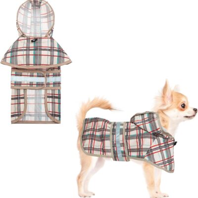 Dog Raincoat Hooded Slicker Poncho with Leash Hole, Raincoat for Small Medium Dogs, Waterproof Doggie Rain Jacket with Reflective Strip, Adjustable Breathable Plaid Puppy Rainwear,Beige S