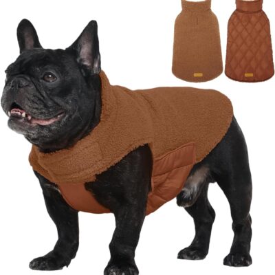 Reversible Dog Coat – Warm Fleece & Quilted Waterproof Dog Jacket, Double-Sided Cold Weather Dogs Winter Coat with Harness Hole, Windproof Pet Snow Vest for Small Medium Large Dogs, Brown XS