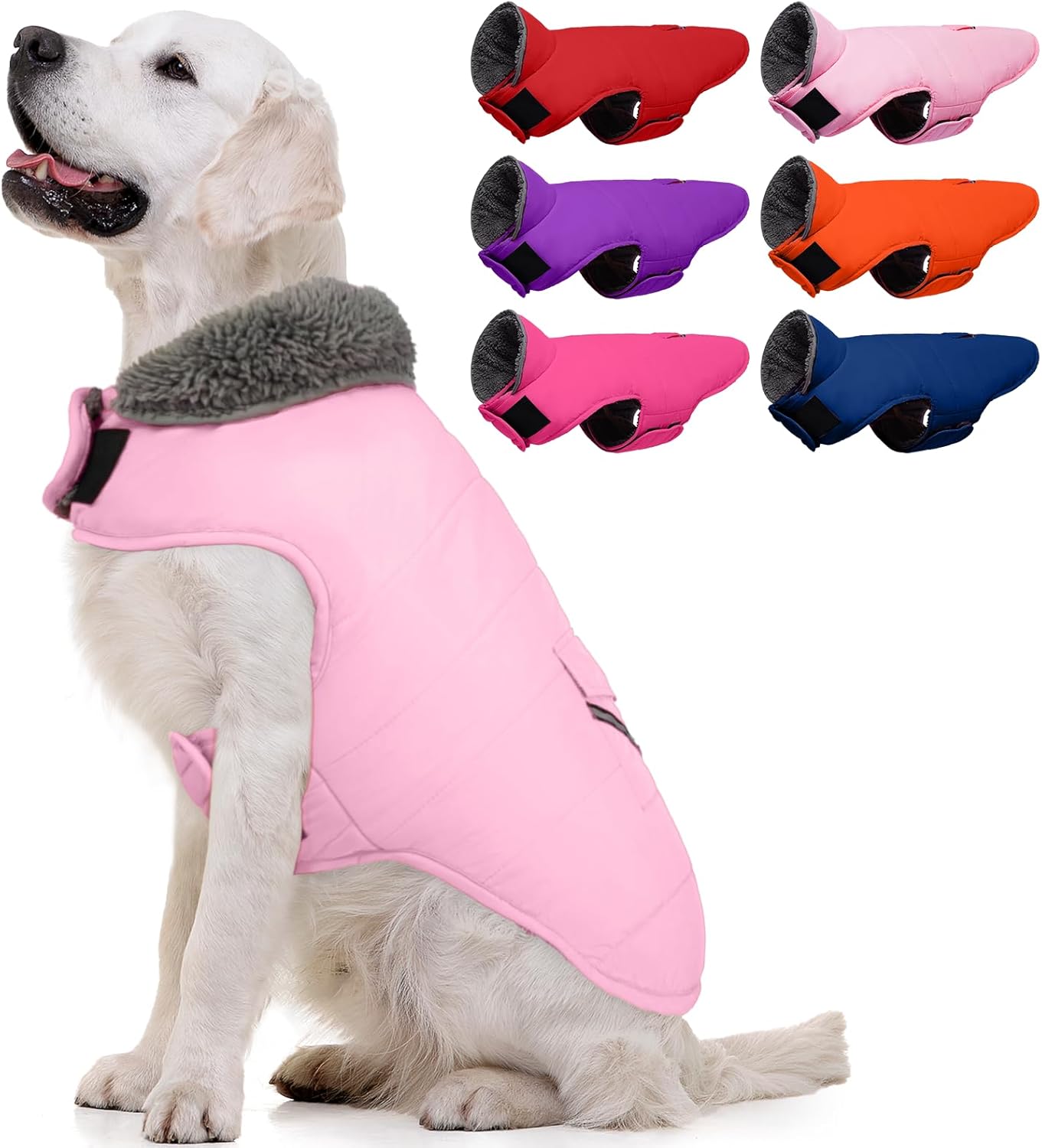 Warm Dog Snowsuit - Winter Dog Jacket, Reflective Windproof Fleece Vest with Leash Hole and Furry Collar