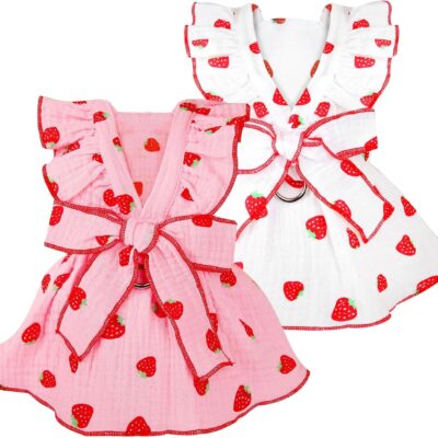 Dog Dresses for Small Dogs Girl Female Clothes Cat Clothes Cat Dress Cute Cotton Extra Summer Bow Decor Printed Strawberry Dog Birthday Outfit Small Puppy Clothes