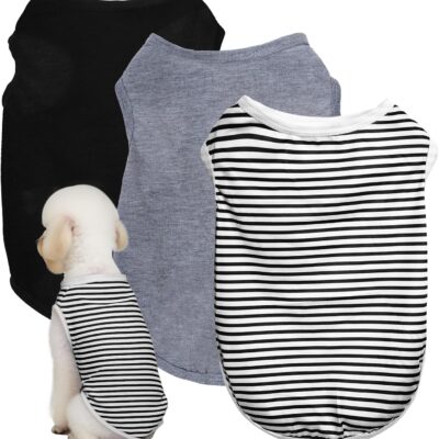 3 Pcs Cat Shirts Solid Color Dog Clothes Summer Sleeveless Stripe Pet T Shirts for Small Pet Dogs Cats (Black, Medium)
