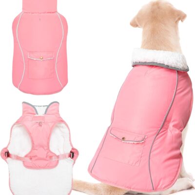 Dog Winter Coat - Warm Dog Clothes for Rain Snow Wind Cold Weather - Reflective Pink Adjustable Waterproof Windproof Pet Vest Jacket with Leash Hole for Small Medium Large Dogs Indoor Outdoor