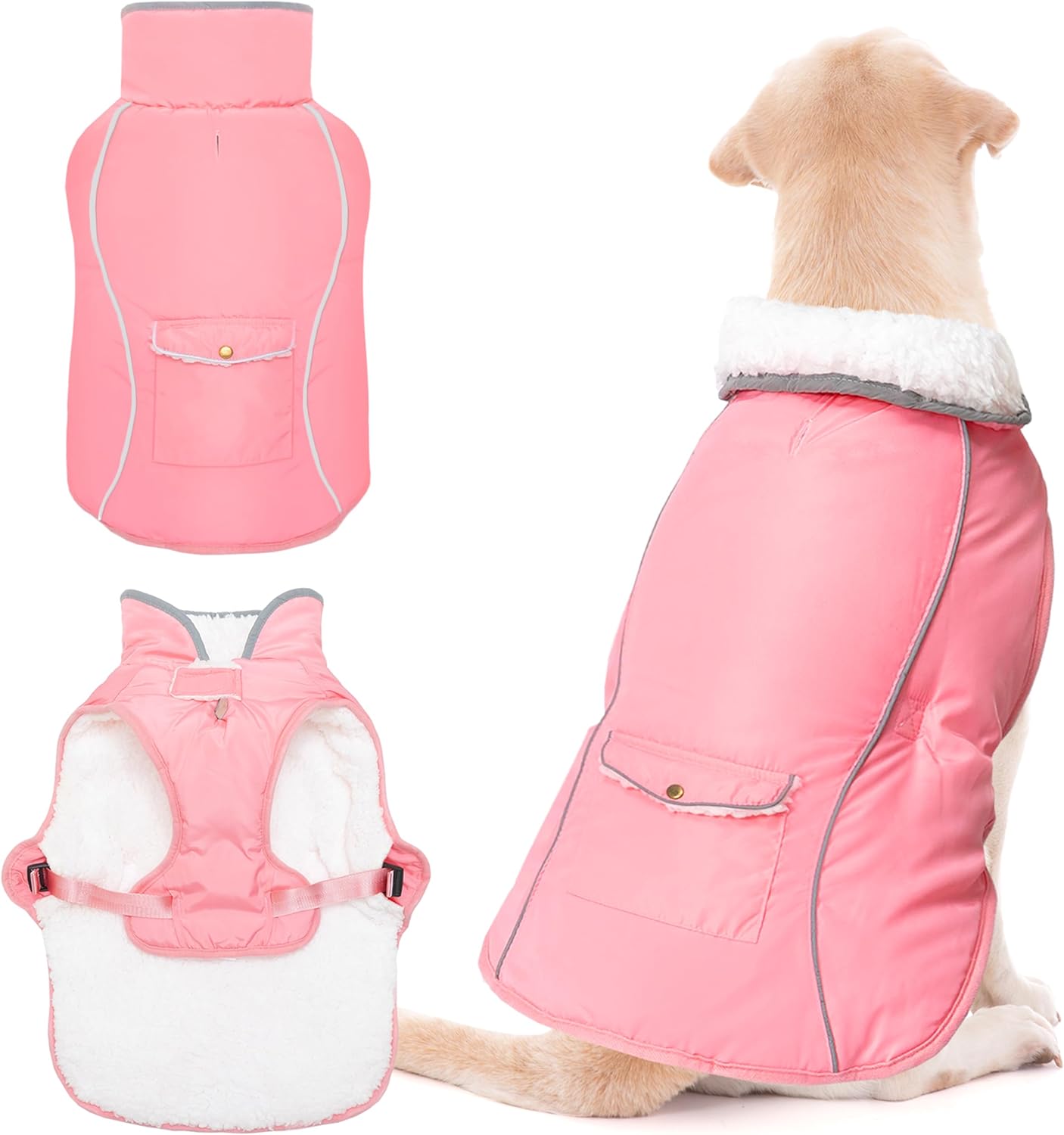 Dog Winter Coat - Warm Dog Clothes for Rain Snow Wind Cold Weather - Reflective Pink Adjustable Waterproof Windproof Pet Vest Jacket with Leash Hole for Small Medium Large Dogs Indoor Outdoor