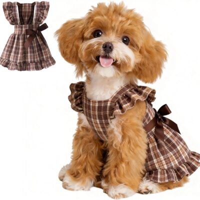 Small Dogs Cats Dresses for Pet Spring Ruffle Sleeve Bow Plaid Dress Cute Puppy Outfits Brown Large