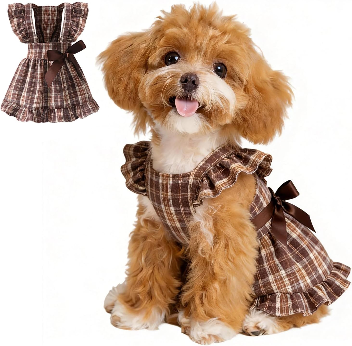 Small Dogs Cats Dresses for Pet Spring Ruffle Sleeve Bow Plaid Dress Cute Puppy Outfits Brown Large