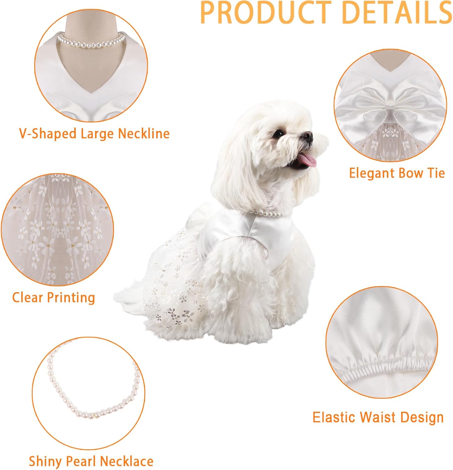 Dog Dresses, Dog Birthday Dress, Puppy Soft Skirt with Pearl Necklace, Girl Dogs Wedding Dress, Puppy Slik Outfit with Bow Tie, Dogs Princess Dresses for Small Breeds, White L - Image 2