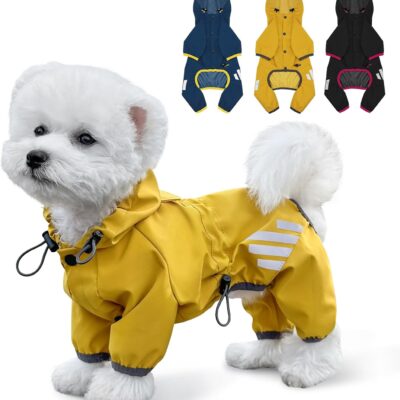 Dog Raincoat, Waterproof Dog Rain Jacket with Hood, Rain Coat with Leash Hole, Reflective Strap for Small Medium Dogs, Lightweight Puppy Clothes(Yellow,M)