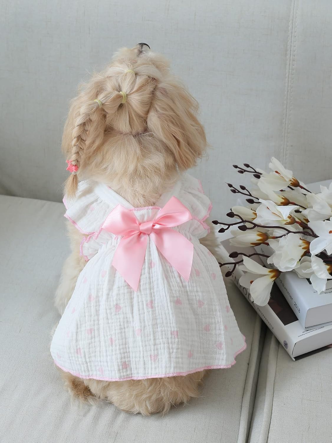 Heart Print Dog Cat Dress Bow Decor Cute Dog Dresses Puppy Tutu Skirt Chihuahua Teddy Pomeranian Dress Birthday Holiday Clothes for Cat Kittens Small Medium Large Dogs Pink XS - Image 2