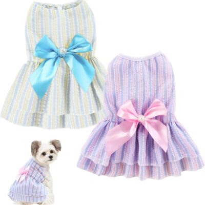 2 Pieces Dog Dress Stripe Bowknot Princess Ruffles Dresses for Small Medium Dogs Cats Summer Holiday Party Costume Outfits Printed Pet Clothing(Medium)