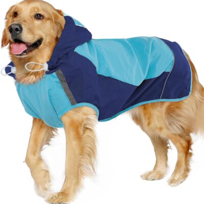 Dog Raincoat, Waterproof & Windproof Dog Rain Jacket with Reflective Strips for Rainy Walks,Pet Rain Poncho with Hood,Quick Dry,Easy to Wear,3XL Fits for Large Breeds,Blue,XXXL