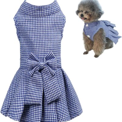 Classic Plaid Dog Dress with Bow Tie for Small Dogs and Cats, Cute Female Pet Dress Clothes for Girls Outfits (Light Blue, Large)