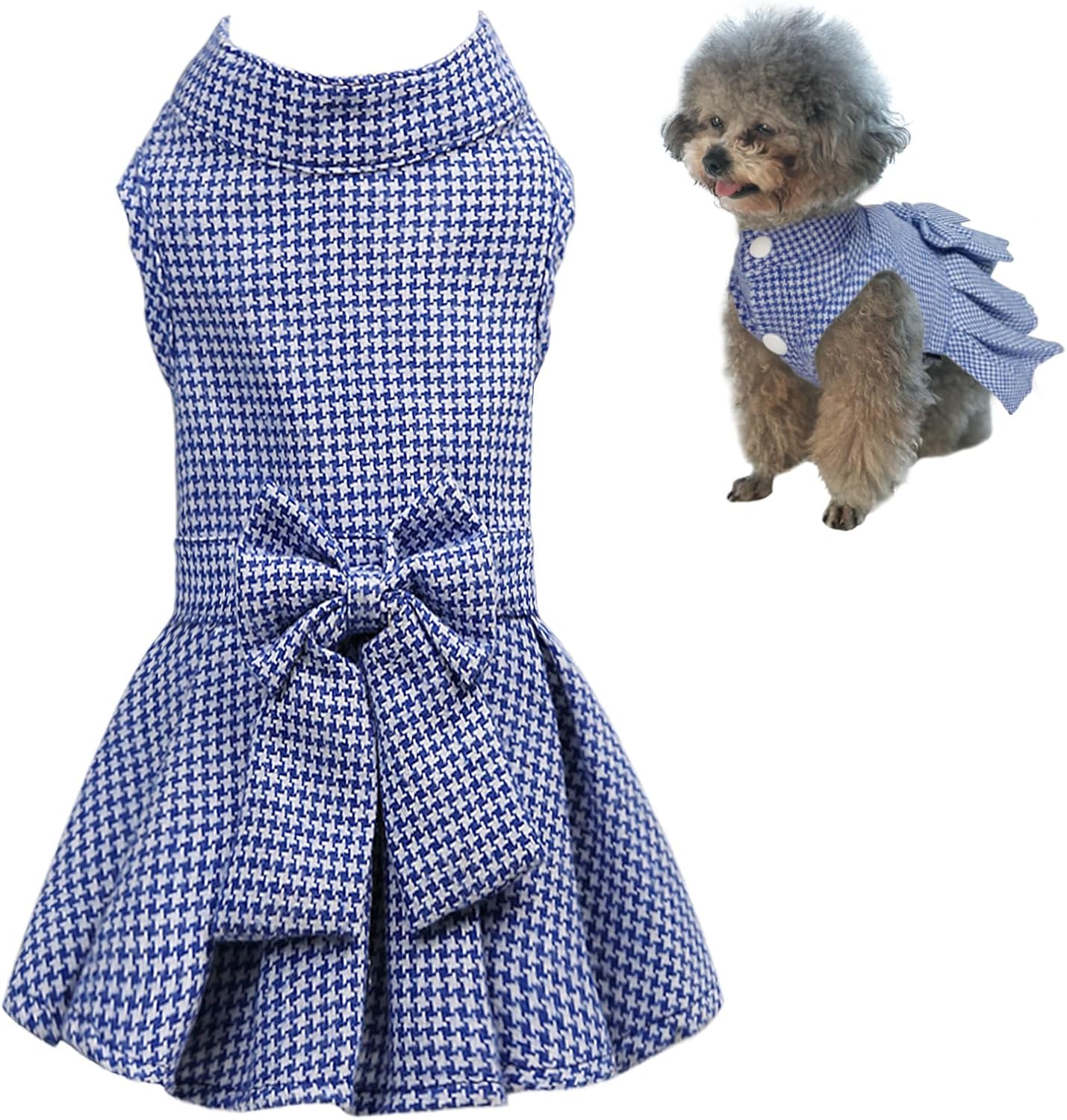Classic Plaid Dog Dress with Bow Tie for Small Dogs and Cats, Cute Female Pet Dress Clothes for Girls Outfits (Light Blue, Large)