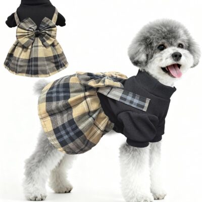 Classic Plaid Dog Dress Cute for Small Dogs Girl, Big Bow & Puff Sleeve Puppy Clothes Outfit Spring Summer Princess Clothes Birthday Holiday Doggie Pet Apparel (Khaki, Medium)