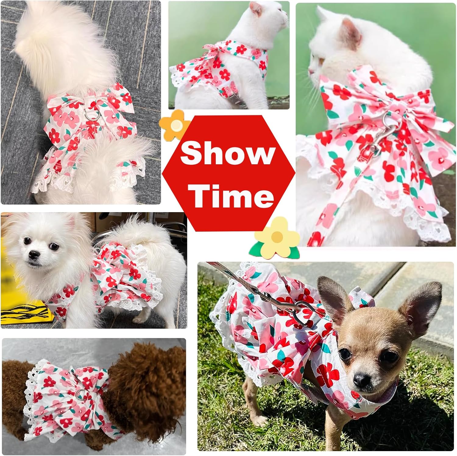 Dog Harness Dress Leash Set for Small Dog Summer Clothes Girl Female Puppy Cats Outfits Cute Floral Bowknot Princess Birthday Dress for Extra Small Pet Doggie Kitten Outfits Apparel(Red,S) - Image 2