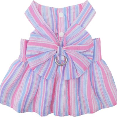 Pet Dog Harness Dress, Cute Striped Pattern with Bow, Princess Puppy Dresses with Button Closure, Summer Dog Clothes for Small Dogs Girl (Purple, Small)