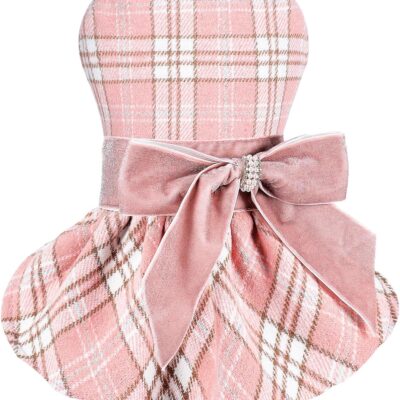 Dog Sweater Dresses for Small Dogs Girl Boy, Winter Spring Pink Dog Princess Plaid Dress, Pet Clothes Holiday Festival Puppy Outfits Apparel Wedding Birthday Dress, XXS, Pink Plaid, 1-3lb